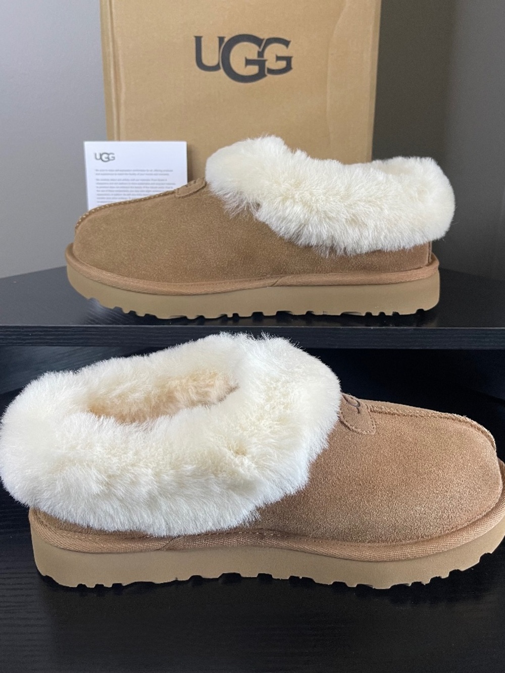 UGG Women's Chestnut Suede Shearling-Lined Mule Slippers with Cream Cuff